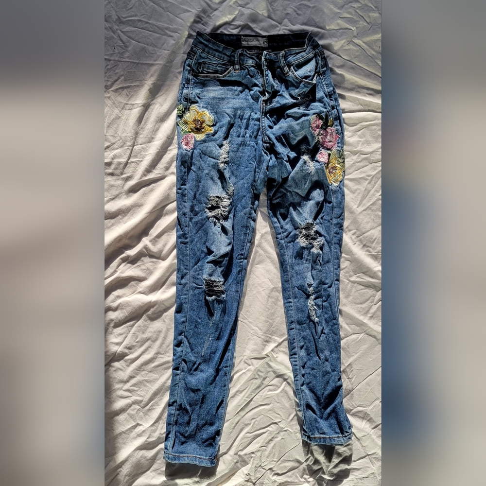Angel Kiss Distressed Blue Jeans with Floral Accents